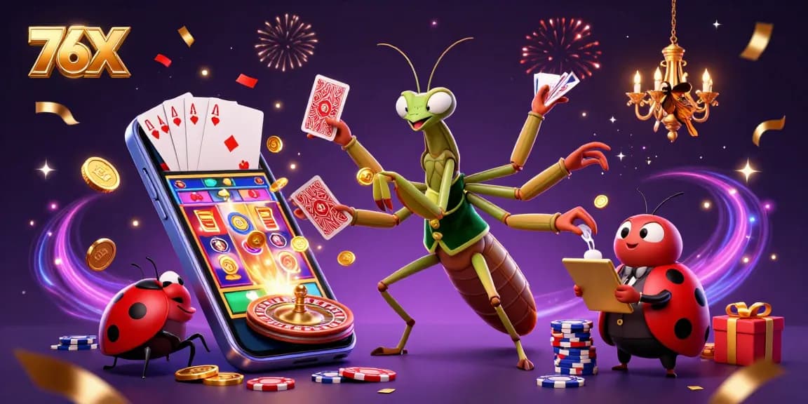 76X: Mantis e ladybug celebrando no cassino com jogos vibrantes e ação emocionante.