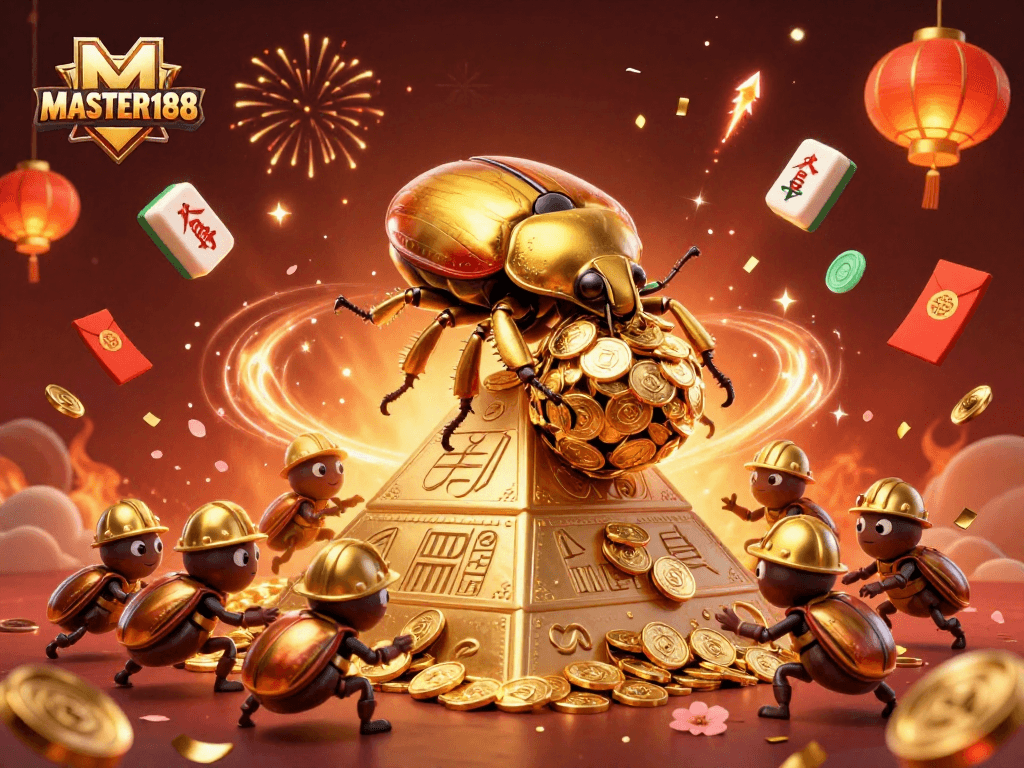 Engage with MASTER188 as a golden dung beetle rolls a coin ball in vibrant casino celebration.