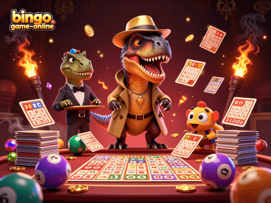 Engaging bingo-game-online scene featuring colorful bingo balls, vibrant cards, and animated characters.