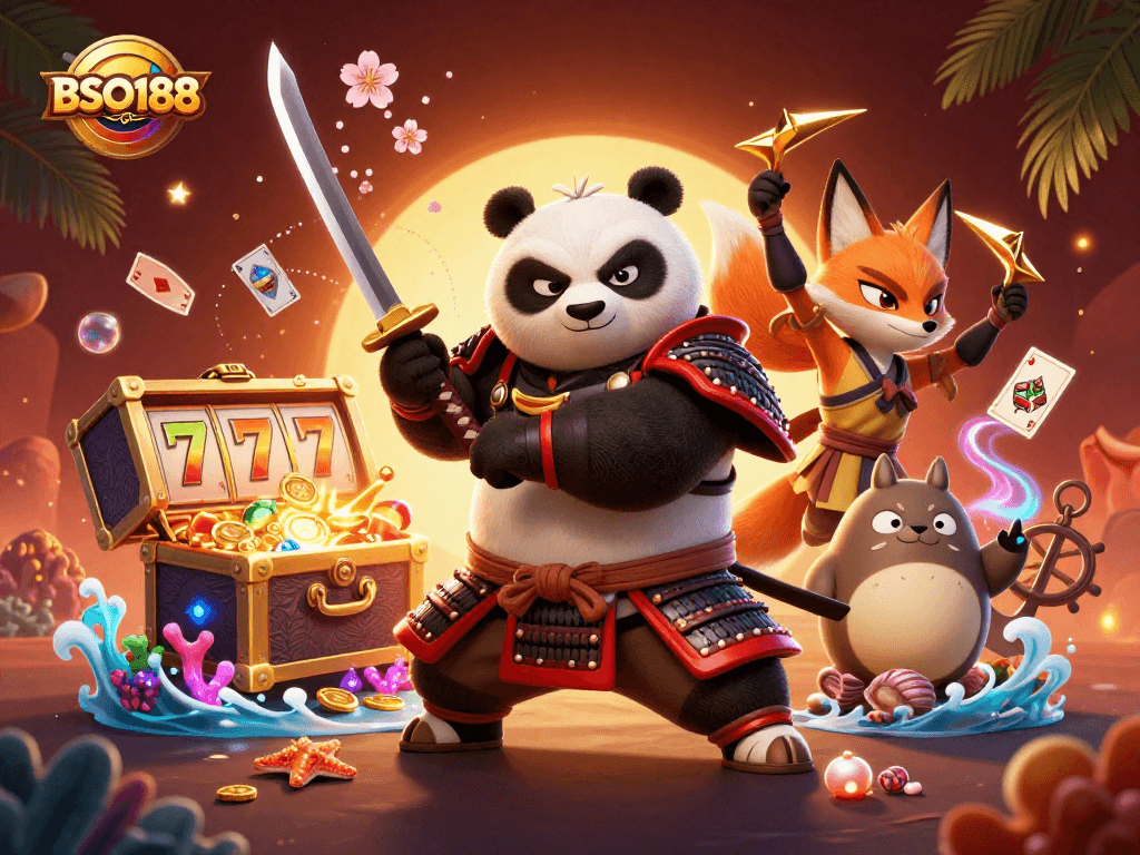 Engage with BSO188's vibrant world featuring a samurai panda and magical elements in a dynamic casino setting.