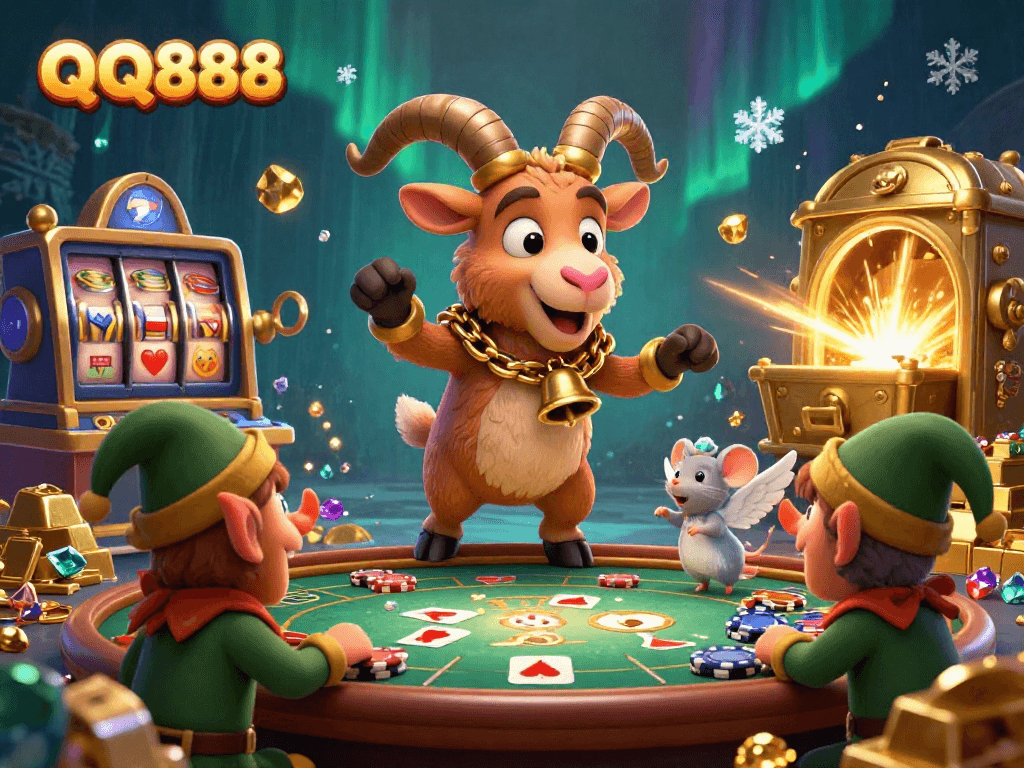 Spin and win at QQ888, a vibrant casino scene with a Krampus goat managing gaming antics among playful elf gremlins.