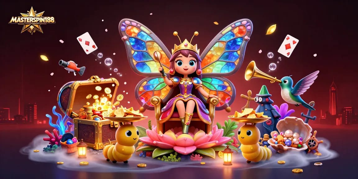 Engage with MASTERSPIN188's vibrant casino scene featuring a butterfly queen amidst gold and gems.
