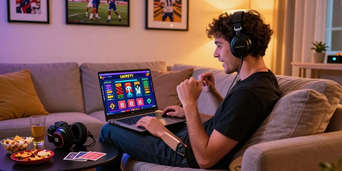 Enjoying lucky77 online gaming experience at home with vibrant graphics and cozy ambiance.