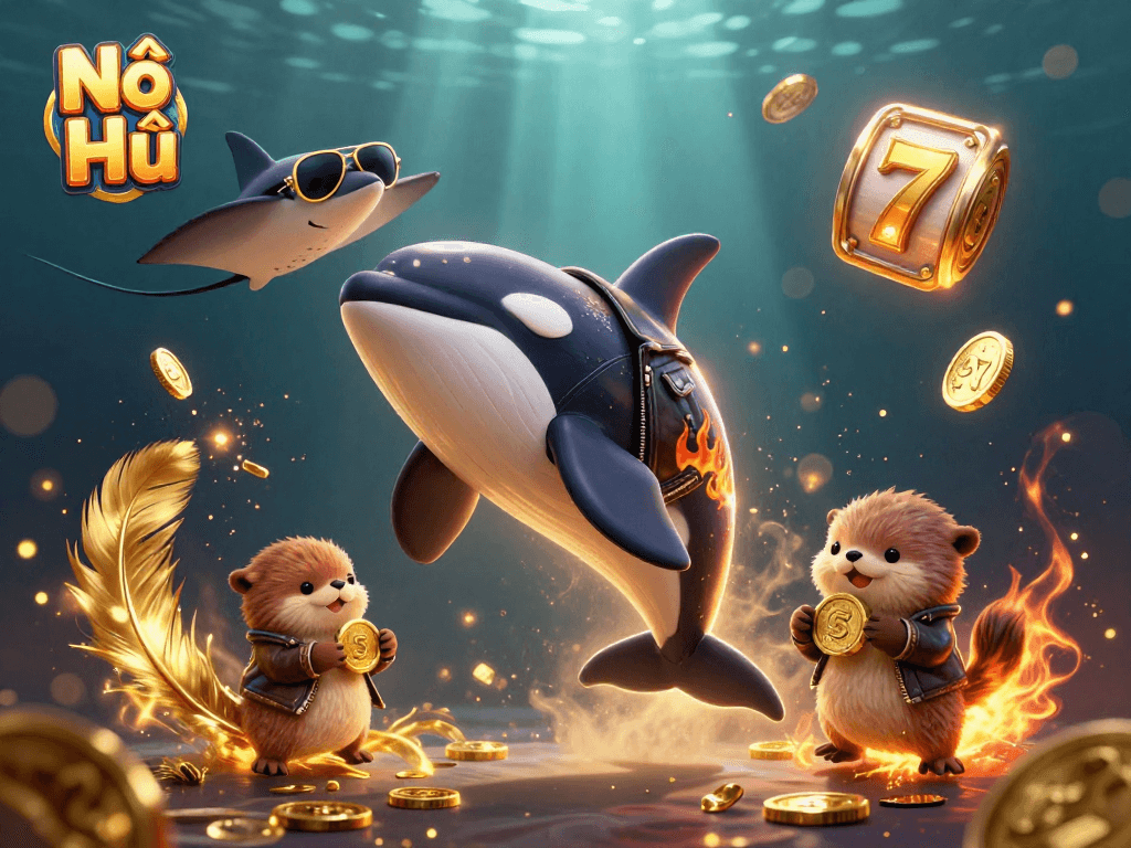 Nổ Hũ jackpot scene featuring a colorful orca and otters amidst slot reels and golden coins.