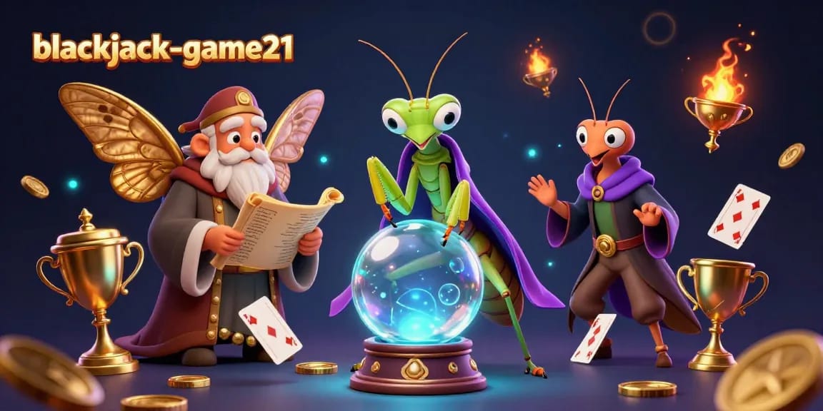 Experience the thrill of blackjack-game21 with a magical scene featuring a fortune teller, moth librarian, and vibrant casino elements.