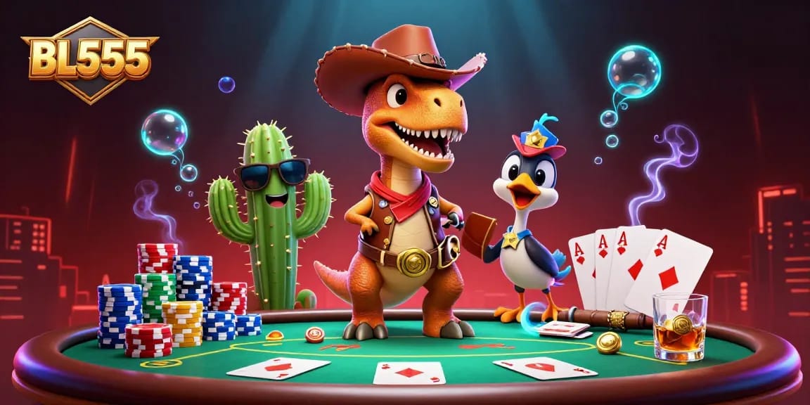 Engaging scene with BL555 featuring a cartoon T-Rex, poker elements, and vibrant casino ambiance.