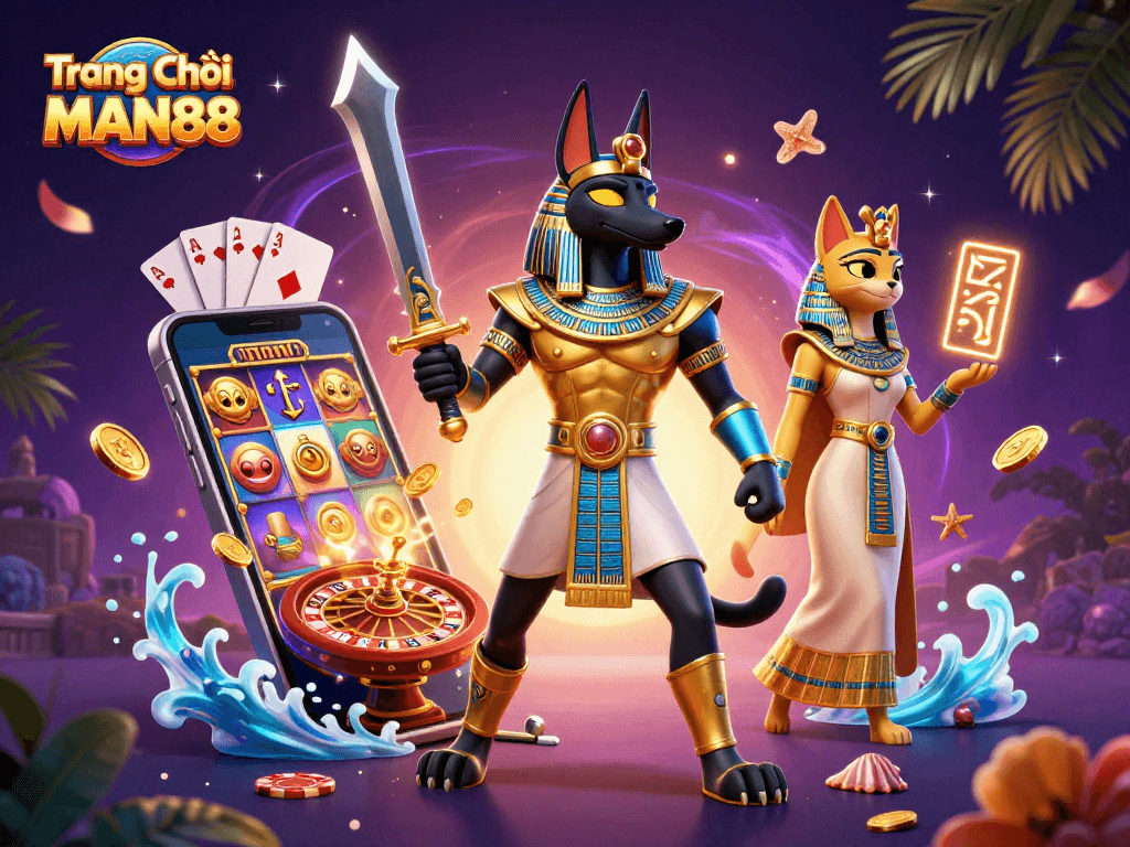 Join the excitement on Trang Chủ MAN88, featuring Anubis and Bastet in an engaging casino scene with slot games.