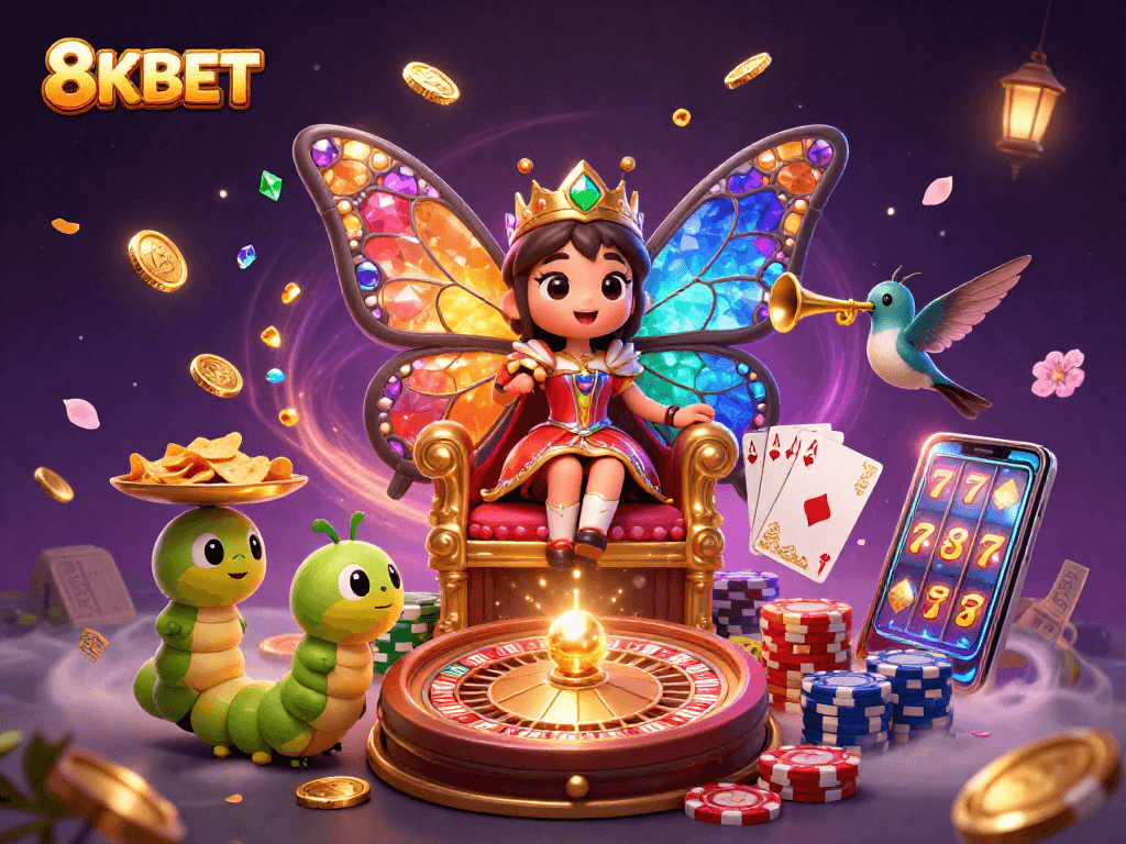 Win big at 8KBET Casino with dazzling characters and casino games in a vibrant, illustrated scene