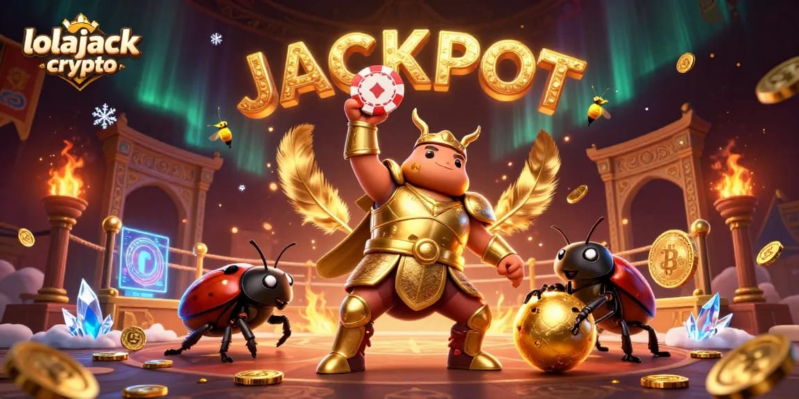 Experience the thrilling world of lolajack crypto as a victory beetle lifts a poker chip in a dazzling casino scene.