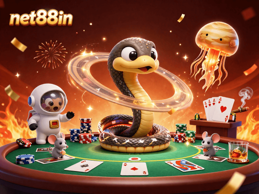 Experience excitement at net88in with astronauts and a cosmic dealer in this vibrant casino scene.