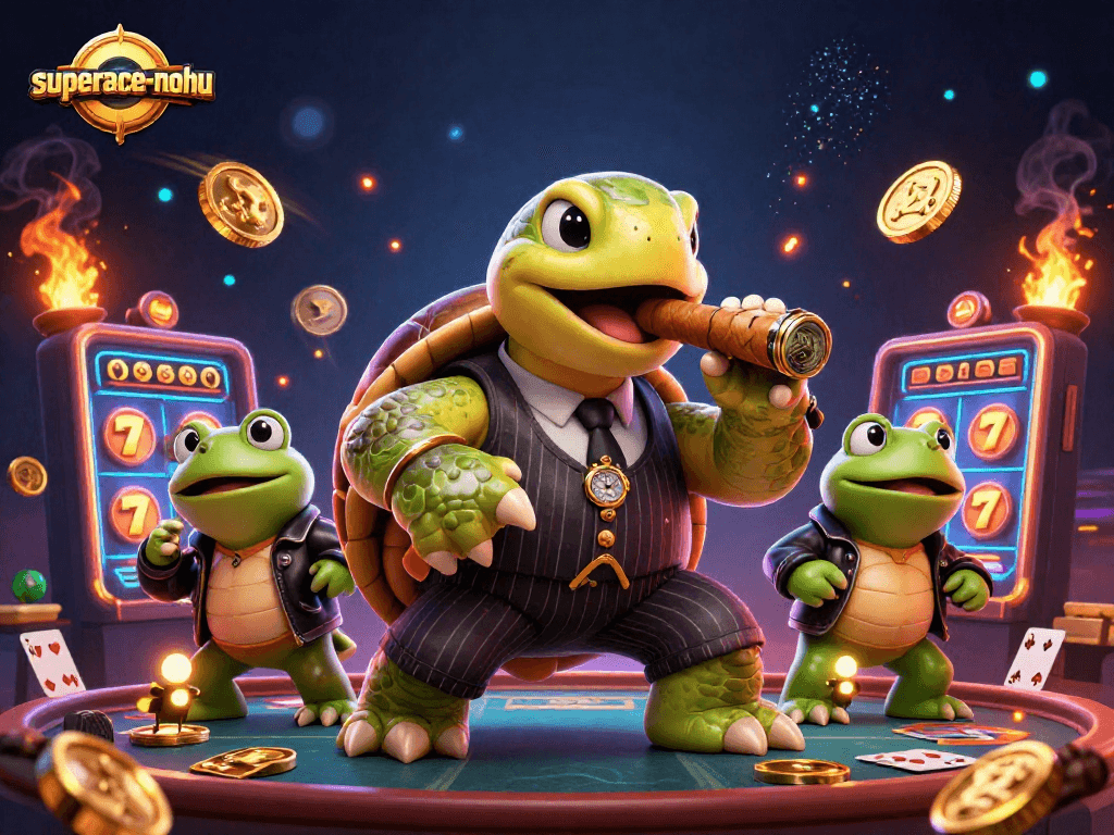 Experience thrilling wins with superace-nohu in this captivating casino-themed illustration featuring a snapping turtle and frog enforcers.