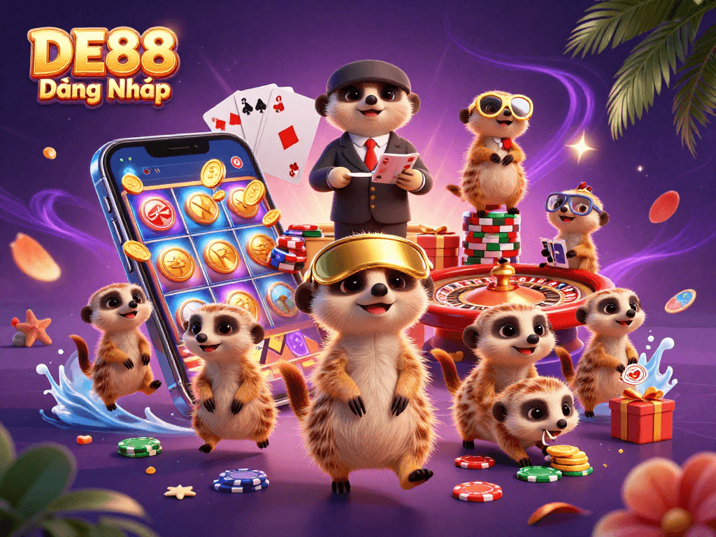 Experience the thrill of DE88 Đăng Nhập with playful meerkats running a lively casino in this detailed illustration.
