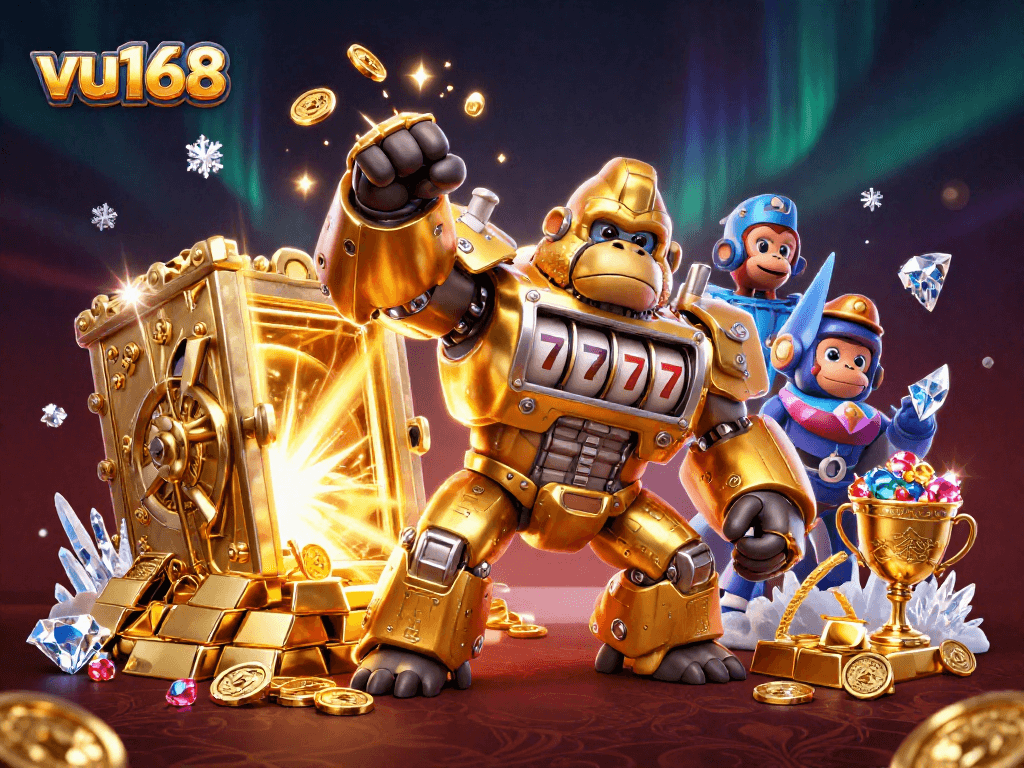 vu168 slots action featuring a golden gorilla mech bursting coins amidst treasures