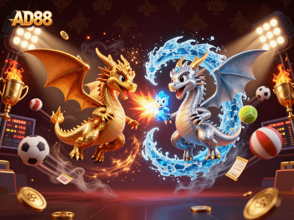 Experience thrilling bets at AD88 with dynamic dragons and sports elements in a captivating 3D scene.