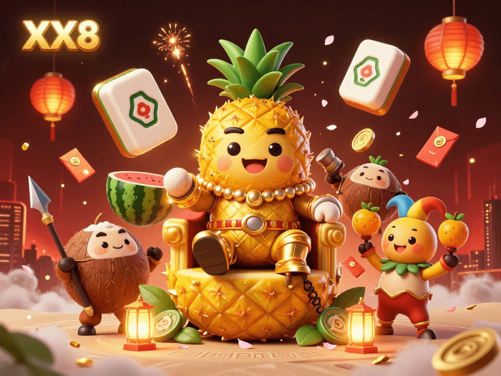 Participate in the vibrant XX8 casino experience featuring the golden pineapple king surrounded by festive elements.