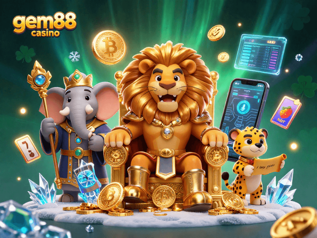Experience the excitement of gem88 casino with a dynamic scene featuring a lion king, wise elephant, and cheetah amidst crypto elements.