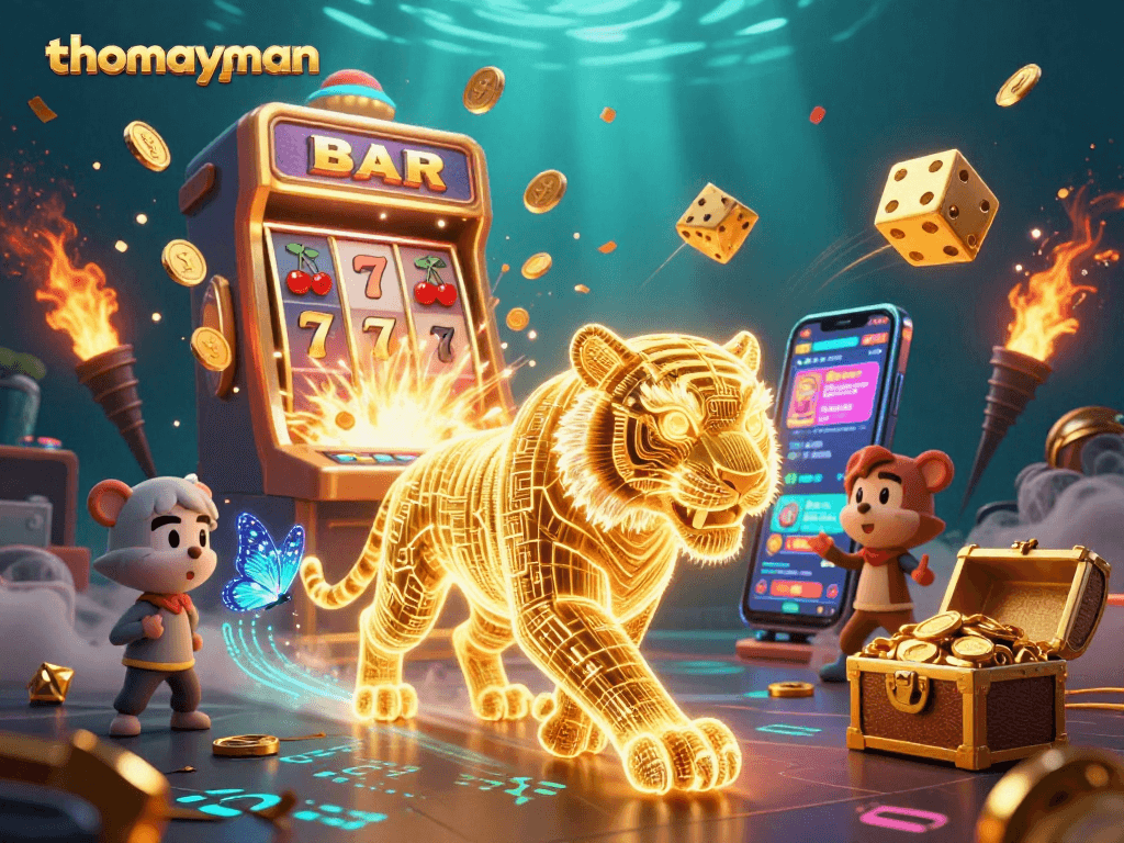 Experience exciting wins with thomayman in a vibrant digital casino illustrated scene.