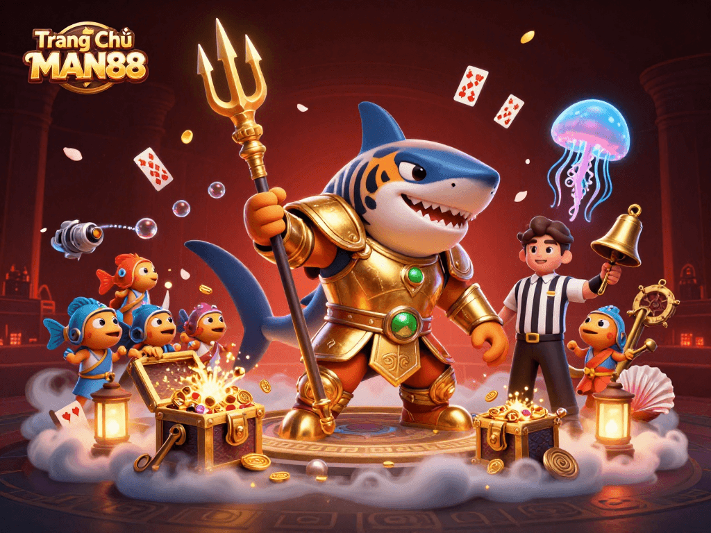 Experience the thrill of Trang Chủ MAN88 with a vibrant 3D illustration showcasing a tiger shark gladiator in a lively underwater casino.