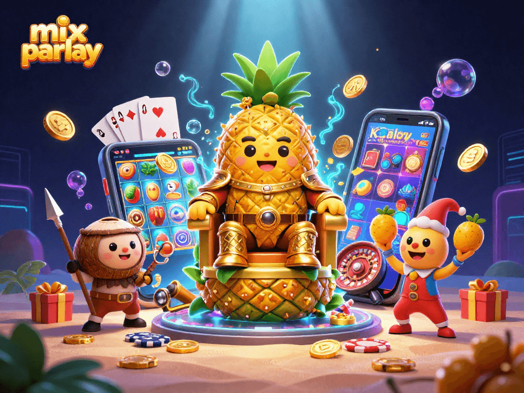 Engage in mix parlay betting with the golden pineapple king and lively casino elements.