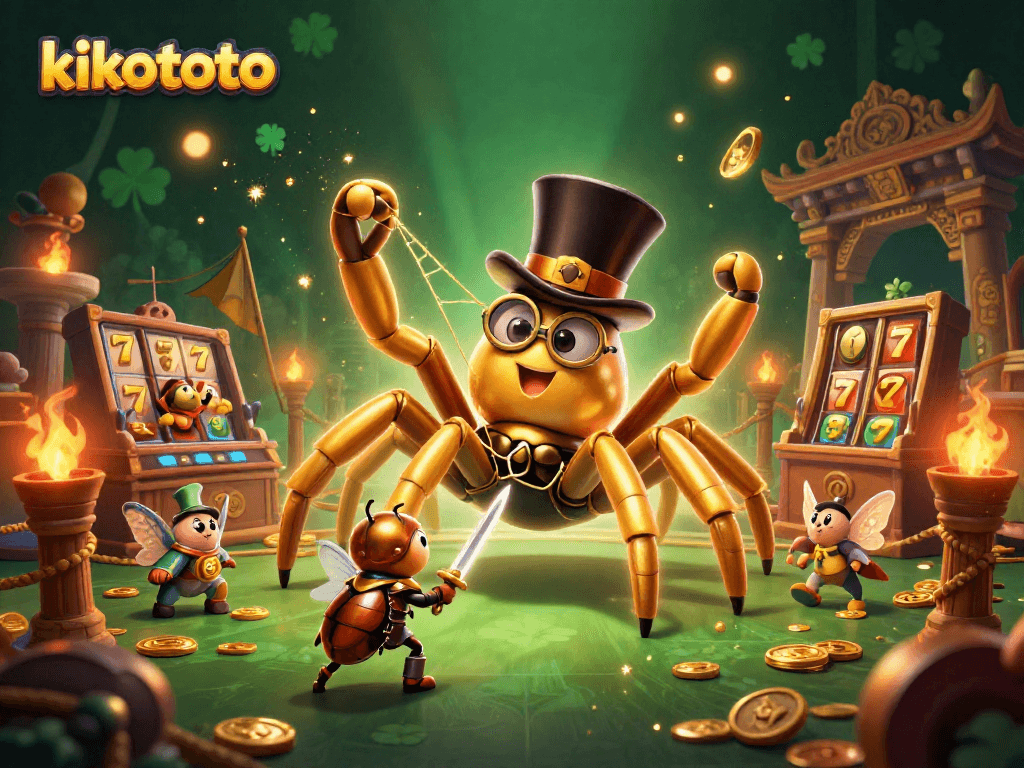 Kikototo menampilkan ilustrasi kasino 3D dengan tarantula emas, kesatria kepik, dan elemen slot yang mengesankan.