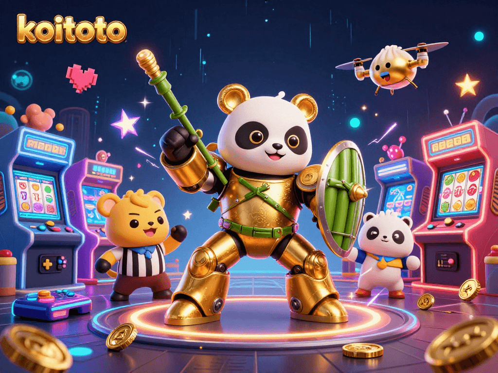 Koin emas berhamburan di KOITOTO, saat panda mekanik bertarung dalam robot bertema kasino.