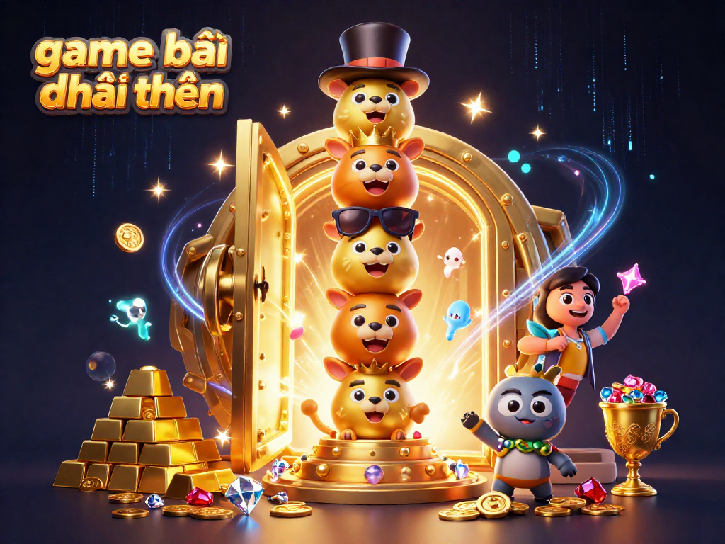 Engage in game đánh bài đổi thưởng with a vibrant 3D casino illustration showcasing a magical totem pole and treasures.