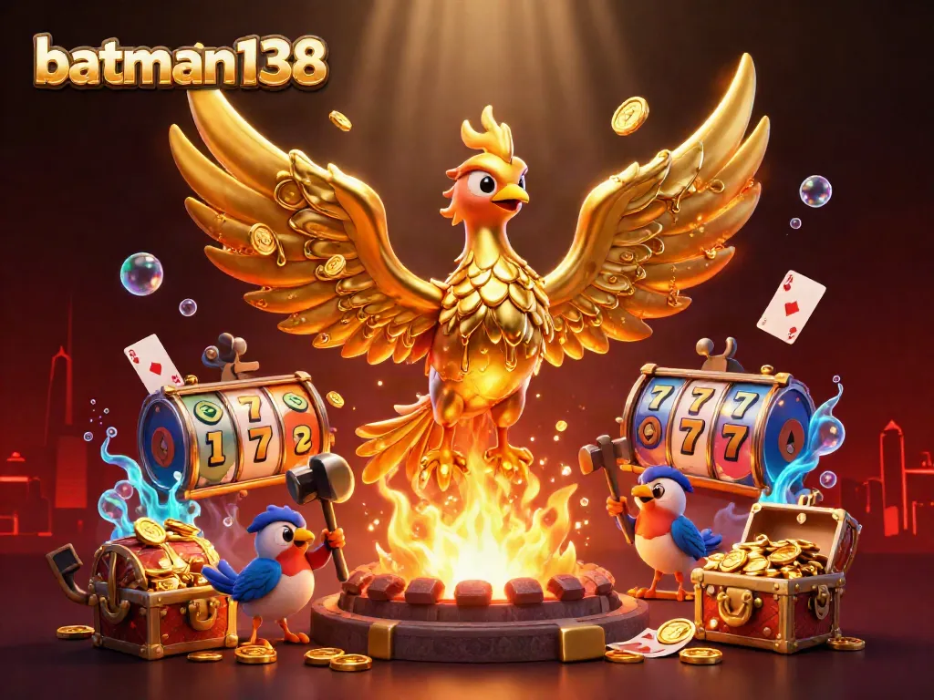 Experience thrilling wins at batman138 with a molten gold phoenix amidst vibrant slot reels and dynamic casino elements.