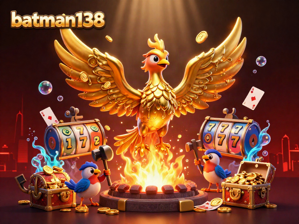 Experience thrilling wins at batman138 with a molten gold phoenix amidst vibrant slot reels and dynamic casino elements.