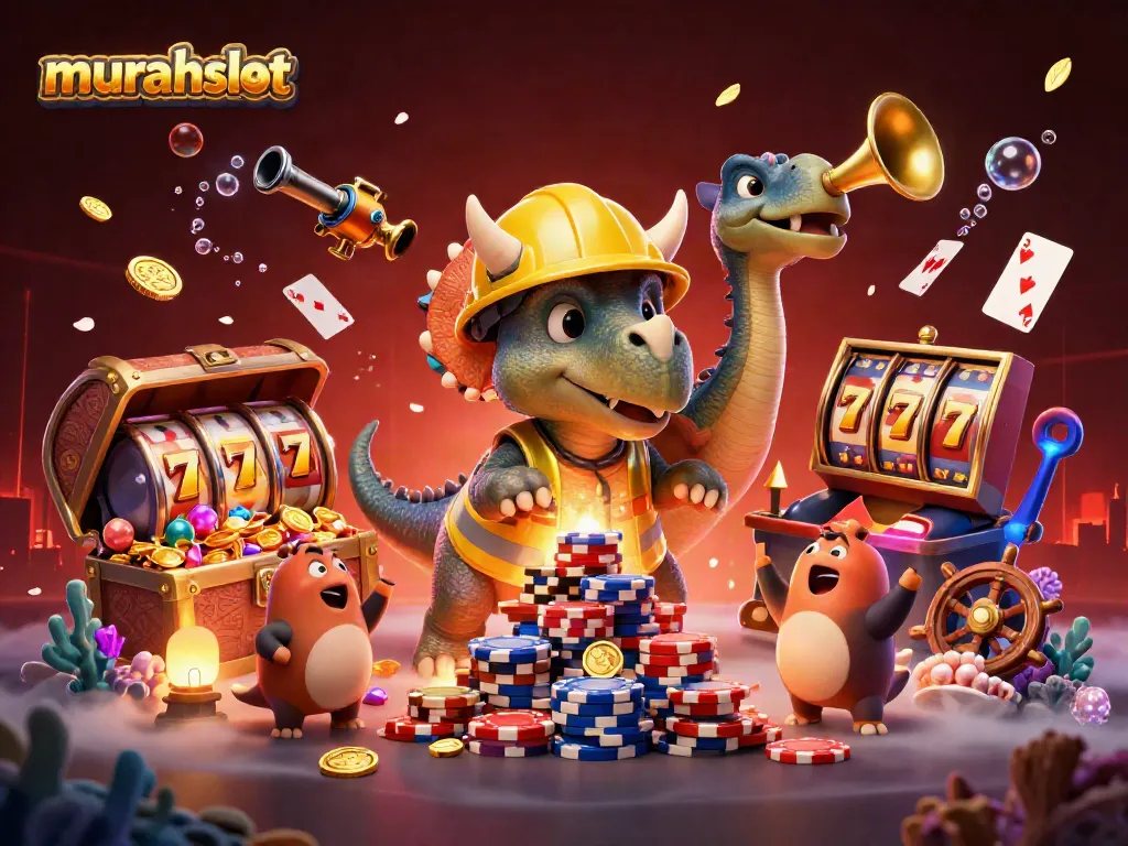 Memainkan murahslot dengan triceratops membangun tumpukan chip poker di latar belakang kasino.