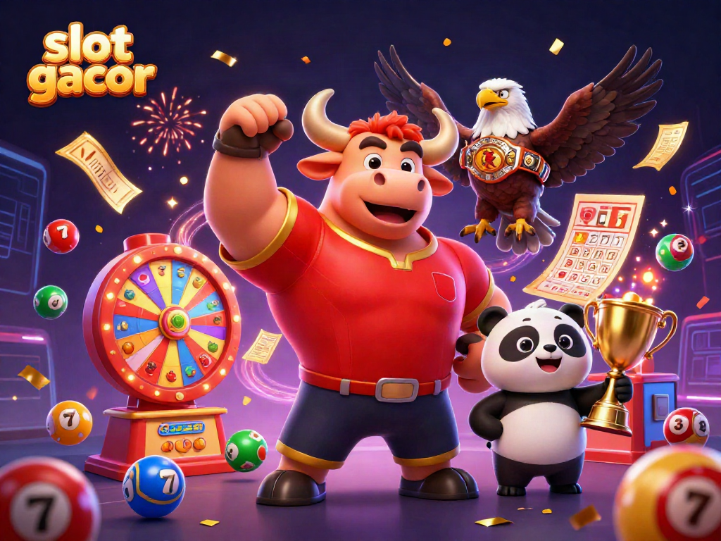 Celebrate with slot gacor! Vibrant 3D illustration of characters, slot reels, and festive elements.