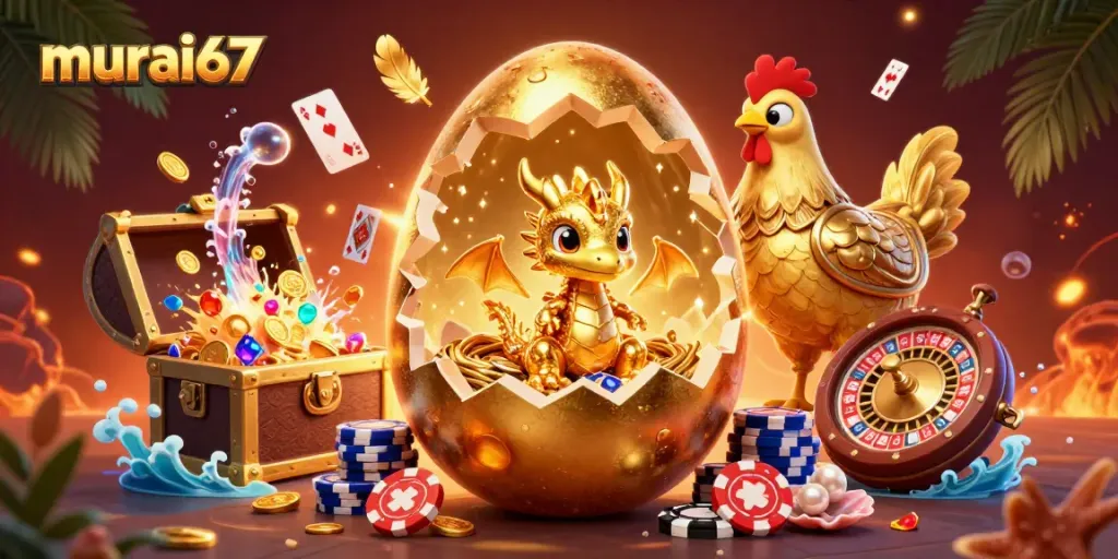 Murai67 online casino features a golden dragon and poker chips amid dynamic gaming elements.