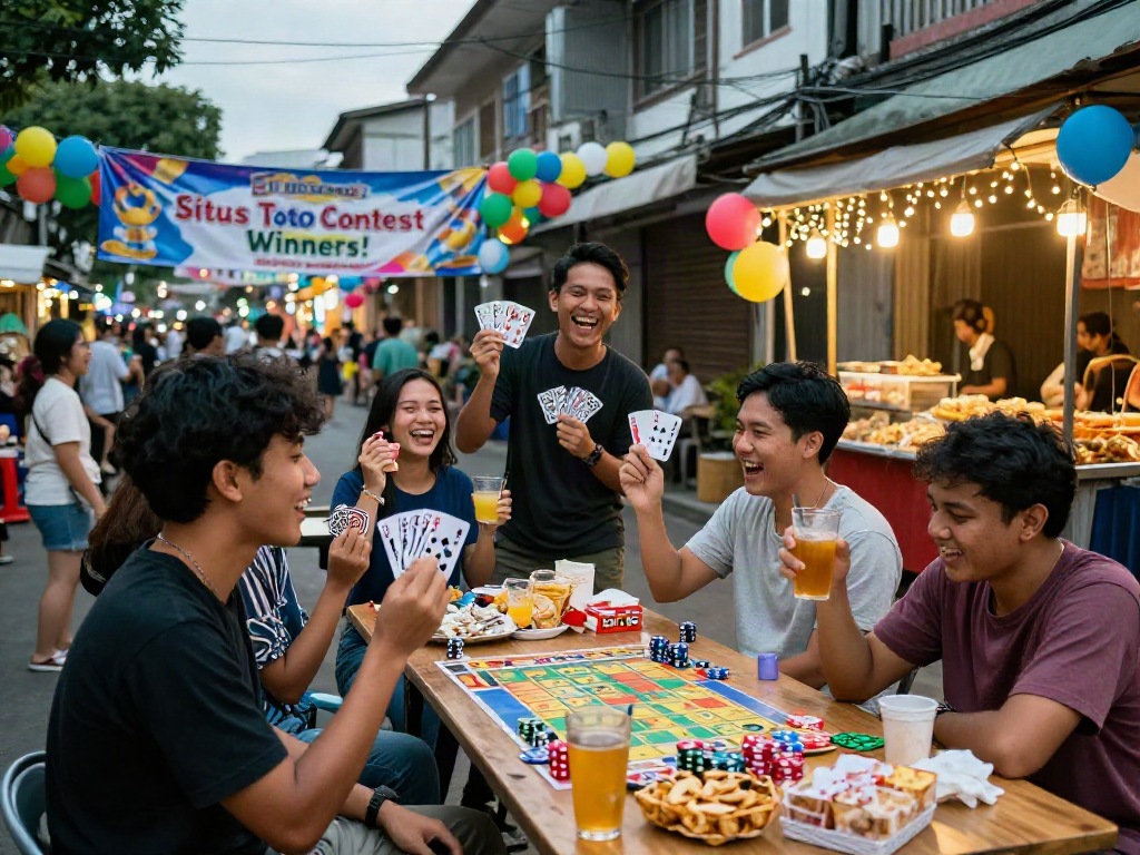 Vibrant group celebrating situs toto win, joy and camaraderie in urban street setting