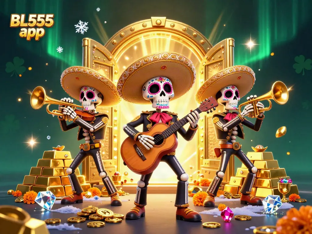 Win big with the BL555 app featuring lively cartoon mariachi band and dazzling treasures.