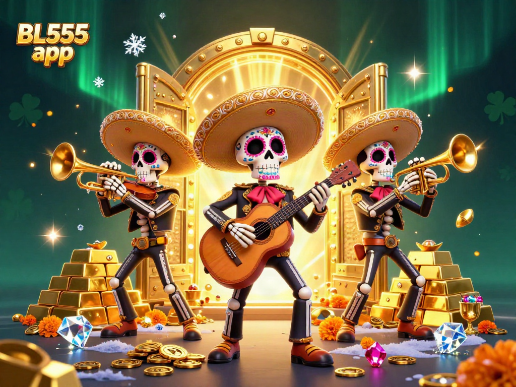 Win big with the BL555 app featuring lively cartoon mariachi band and dazzling treasures.