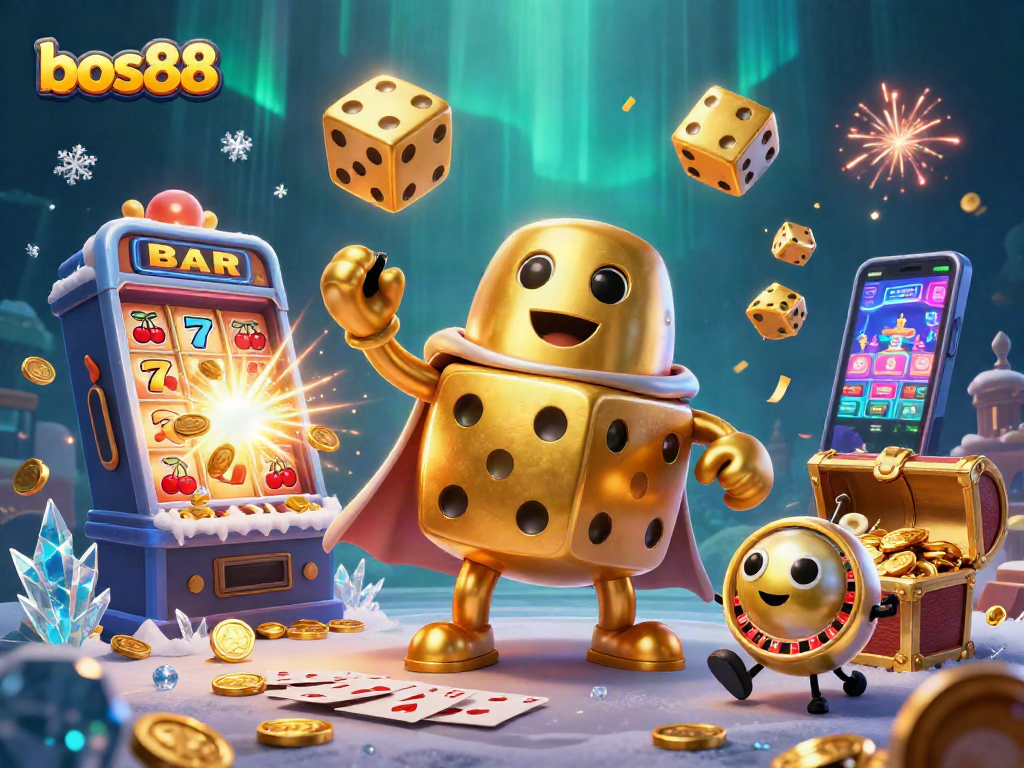 Putaran jackpot seru di bos88 dengan dadu emas melayang dan mesin slot meledak.