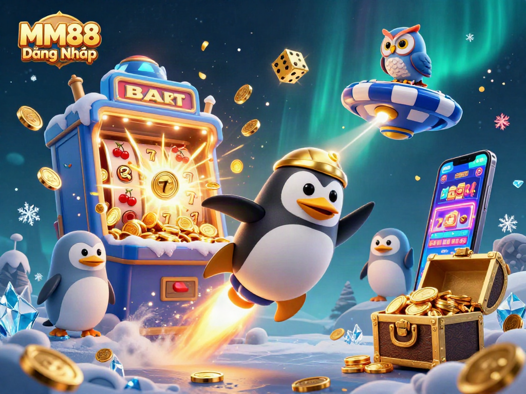 Experience MM88 Đăng Nhập with a thrilling scene featuring a golden penguin and vibrant casino elements.