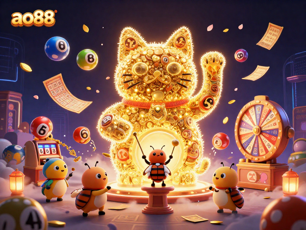 Play and win with ao88 in an exciting 3D illustration of a lucky cat made of fireflies.