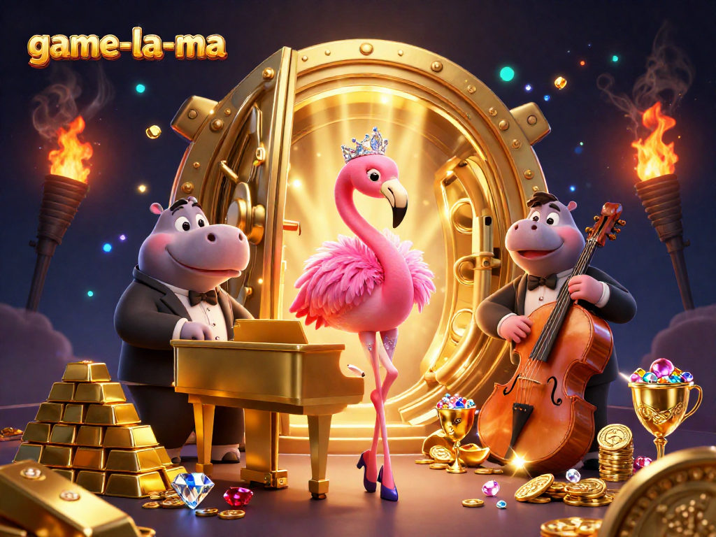 Experience game-la-ma's vibrant casino scene with a glamorous flamingo singer and hippo bassist.