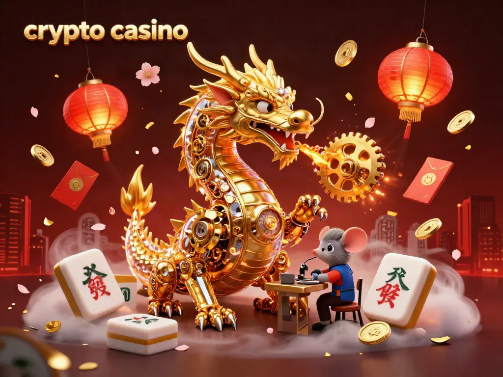 Experience the excitement of a crypto casino with a biomechanical dragon and vibrant gaming symbols.