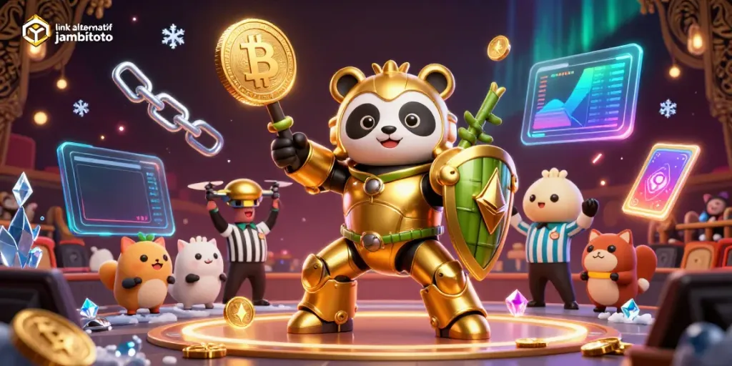 Join the excitement of link alternatif jambitoto, where a golden panda battles in a vibrant arena filled with crypto symbols.