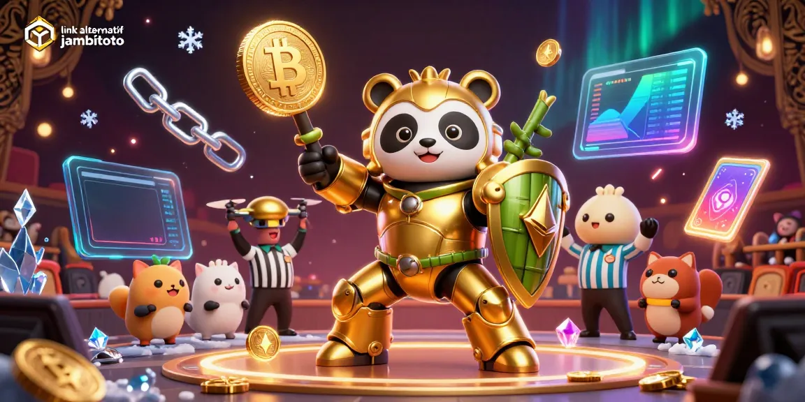 Join the excitement of link alternatif jambitoto, where a golden panda battles in a vibrant arena filled with crypto symbols.