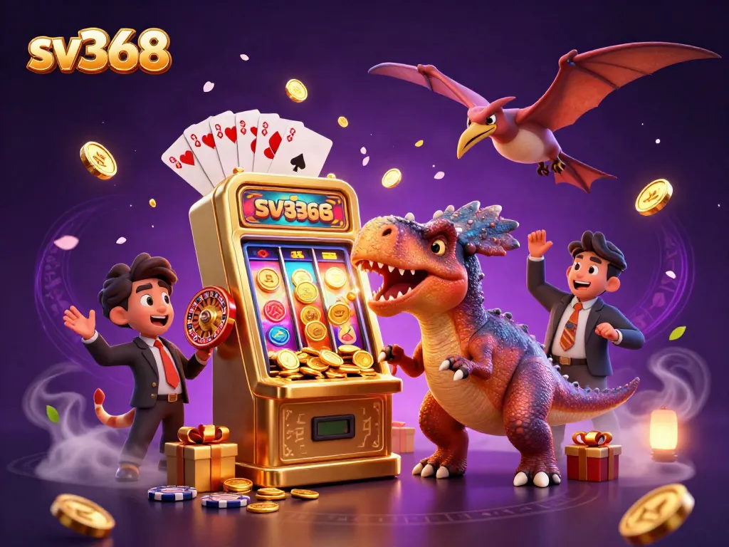 Experience thrilling action at sv368 with a dinosaur hitting a golden slot machine while coins fly everywhere.