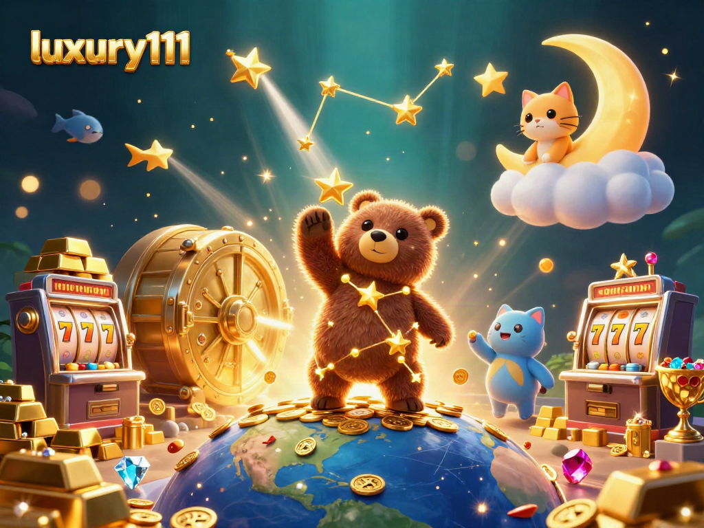 Experience the excitement of luxury111 in this vibrant casino-themed illustration featuring a golden bear and slot reels.