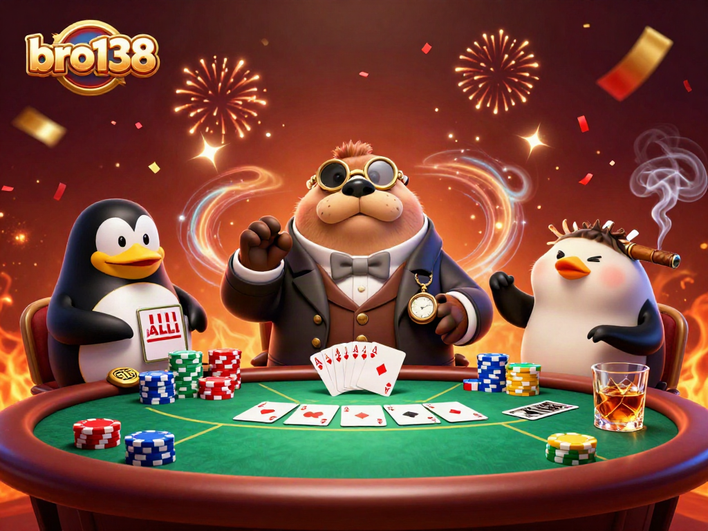 Engage with bro138 players at an underwater poker match featuring unique characters.