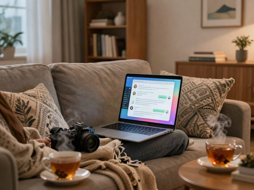 Engaging in intimate conversations with sex ai chat on a cozy sofa, warm ambiance.