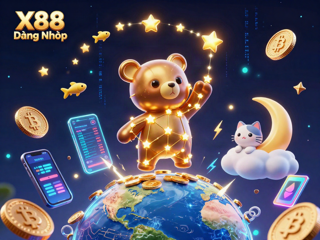 X88 Đăng Nhập showcases a vibrant 3D casino scene filled with shining Bitcoin and Ethereum coins, emphasizing online gambling excitement.