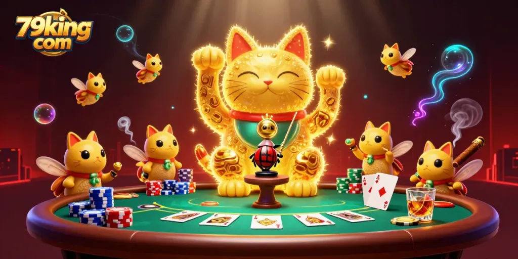 Experience the excitement at 79king com with a glowing lucky cat and dynamic casino elements.