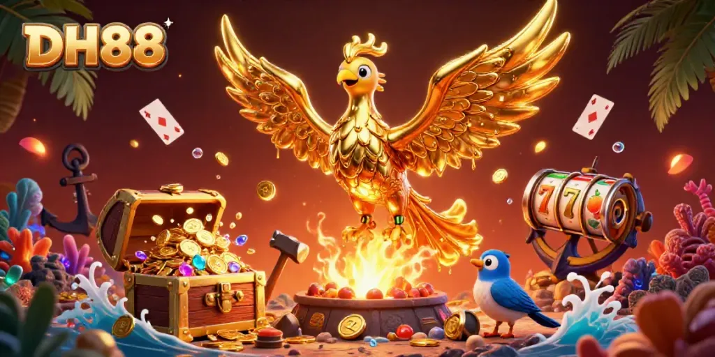 Experience the excitement of DH88 with a dazzling phoenix and casino-themed elements in a vibrant scene