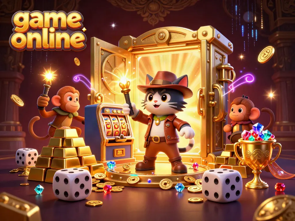 Experience game online excitement as a cat archaeologist and monkey companion discover a jackpot slot machine.