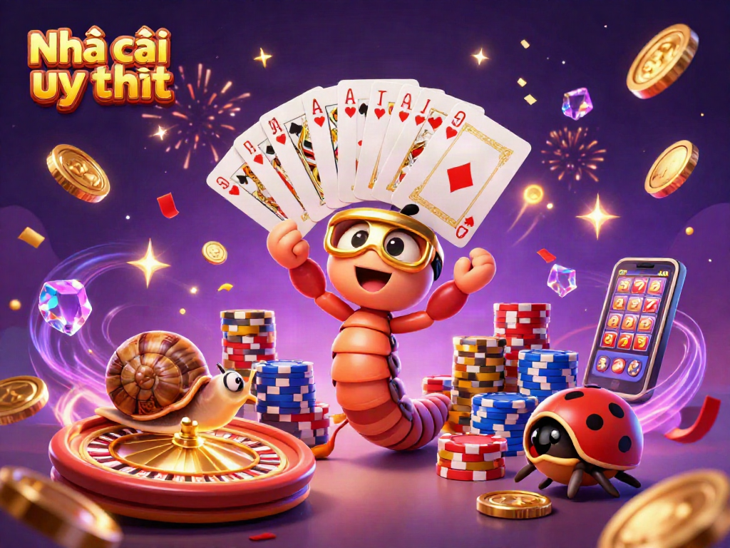 Engage with Nhà cái uy tín featuring a dynamic scene with a cartoon millipede dealer, exciting games, and festive elements.